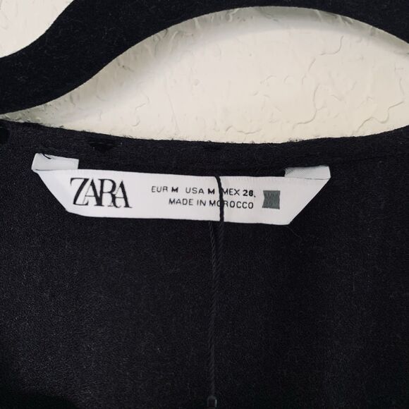 Zara Dress M Black Mini Velvet Polka Dot Long Sleeve Feminine Whimsygoth Peasant - Picture 3 of 8
